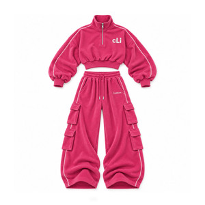 Factory Custom Velour Tracksuit Half Zip Crop <b>Sweatshirt</b> Wide Leg Baggy Cargo Sweatpants Piping Detail <b>Pink</b> Two Piece Velvet Set - Product Image 4