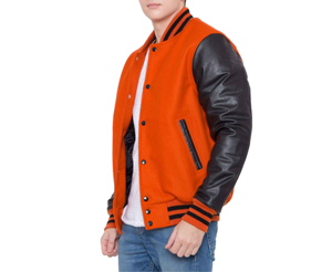 Men's Orange Varsity Jacket With PU Leather Sleeves Regular Fit Casual Autumn Wear Turn-down Collar <b>Button</b> Closure - Product Image 2