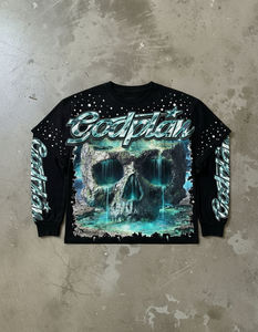 Camiseta de manga larga de doble capa con estampado gráfico DTG para hombre, con pedrería, corte holgado, de algodón grueso, estilo streetwear. - Product Image 6