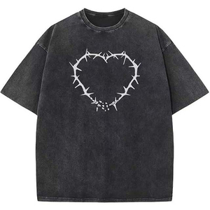 T-shirt en coton noir surdimensionné pour homme, imprimé cœurs et épines, décontracté, à manches courtes, haut d'été, tricoté, teint uni - Product Image 1