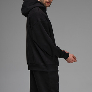 Ensemble de survêtement pour homme, noir, à capuche, long, 100% coton, sweat-shirt et pantalon décontractés avec logo sur le devant - Product Image 5