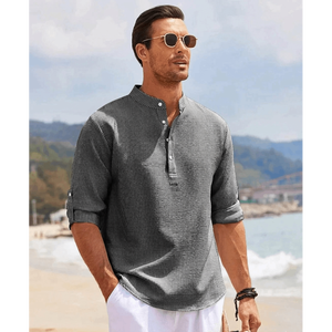 <b>Mens</b> Textured Stripe Mandarin Collar Casual Shirt <b>Roll</b> Up Sleeve Summer <b>Top</b> - Product Image 3