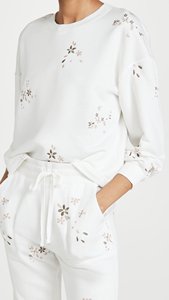 Conjunto Deportivo de Mujer, Blanco, con Bordado Floral, Manga Larga, Cuello Redondo, Pantalones con Cordón, Corte Holgado, Informal, de Algodón, para Primavera - Product Image 2