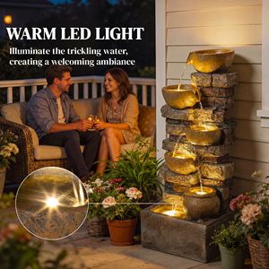Fontana da Esterno Rustica in Pietra Marrone da 28 Pollici con Cascata a 5 Livelli Illuminata a LED, Flusso Regolabile, Compatibile con 220v/230v - Product Image 5