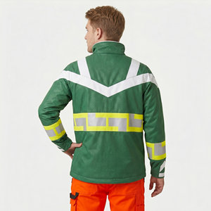 <b>Men's</b> Green Hi Visibility Reflective Work <b>Jacket</b> With <b>White</b> And Yellow Stripes Stand Collar Zipper Front Safety Coat <b>Jacket</b> <b>Men</b> - Product Image 2