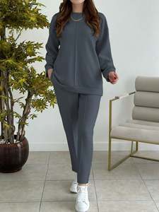 Conjunto de Sudadera Oversize y Pantalones de Pierna Recta con Ribete en Contraste, Color Liso, Cuello Redondo, Estilo Casual para Otoño, Personalizable con tu Marca - Product Image 5