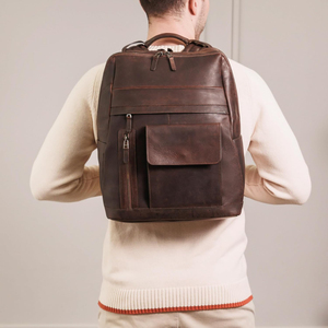 Brown Leather Travel <b>Backpack</b> for Men & Women 15 Inch Laptop Bag Vintage Multi Pocket <b>Backpack</b> with Trolley Sleeve - Product Image 5
