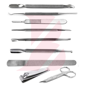 Ensemble d'instruments de podologie en acier inoxydable de qualité supérieure avec logo personnalisé, comprenant coupe-ongles épais, repousse-ongles, nettoyeur et lime. - Product Image 5