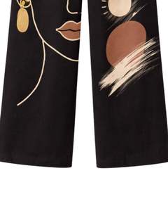 Conjunto de Dos Piezas para Mujer con Estampado Abstracto de Rostro Negro, Camisa de Manga Corta con Botones y Pantalones Anchos, Estilo Casual de Verano - Product Image 5