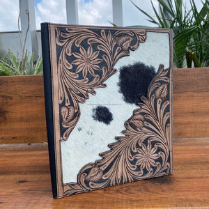 A4 Office Business Hand <b>Tooled</b> Cowhide <b>Leather</b> Floral Document Ring Binder File Folder Padfolio Portfolio Organize with Pen Loop - Product Image 4