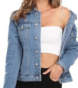 Veste en jean oversize vert uni pour femme 2026, en coton de haute qualité, col montant, style urbain - Product Image 2