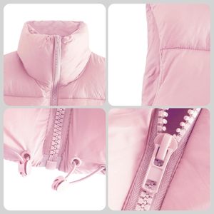 New <b>Women's</b> <b>Pink</b> Stand Collar Puffer <b>Vest</b> Zipper Closure Solid Color Casual Short Length Waterproof Windproof Embroidery Fur - Product Image 3