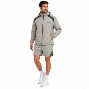 Ensemble veste coupe-vent à capuche et short pour homme, léger, séchage rapide, sportif, été, gris, polyester, OEM - Product Image 1