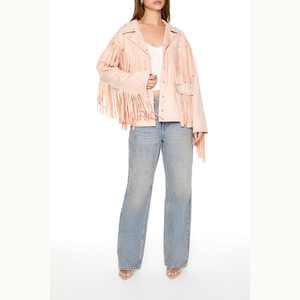 Chaqueta Bomber Rosa con Flecos de Cuero Genuino, Impermeable, Cuello Alto, Manga Larga, Largo Regular, para Mujer, Otoño-Invierno - Product Image 6