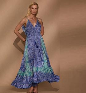 เดรสแม็กซี่สำหรับผู้หญิง ทรงโบโฮ แขนกุด คอวี เปิดหลัง ทรงพลิ้วไหว ชุดเดรสชายหาดฤดูร้อนแบบยาว แต่งระบายชายกระโปรง คละสี - Product Image 1