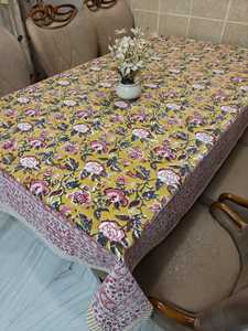 Hand Block Printed Table Cloth Rectangular Cotton Cloth Teal & Soft Pink Floral Hand-block Printed Cotton <b>Tablecloth</b> For Home's - Product Image 4