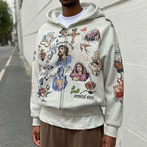 Prix de gros – Sweat à capuche zippé unisexe en coton de qualité supérieure avec impression DTG, personnalisable, style streetwear, gris chiné - Product Image 5
