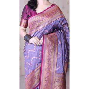 Sari Tejido de Seda Suave Lavanda Elite Weaves Banarasi ZigZag Meenakari Zari, Blusas y Camisas para Mujer, 650g - Product Image 5