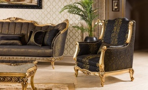 Royal Solid Teak Wood <b>Sofa</b> Set Luxury 7 Seater <b>Black</b> Gold Carved Turkish Neo Classic Couch Coffee <b>Table</b> Living Room Furniture - Product Image 2