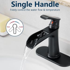 Rubinetto a cascata nero per lavabo con piastra di copertura, scarico a scomparsa, tubi di alimentazione, 1 foro, 3 fori, collezione rubinetti bagno e lavabo - Product Image 6