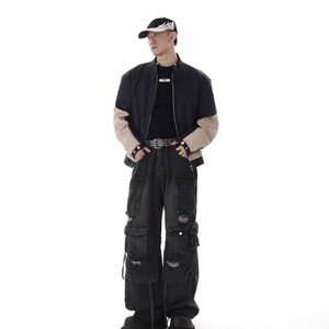 Jean Cargo Noir Homme Taille Haute Coupe Ample Effet Usé Denim Multi-poches Style Streetwear Automne - Product Image 2