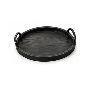 Plateau de rangement rond en bois noir avec poignées, design minimaliste pour utilisation sur table, finition laquée à un seul niveau - Product Image 1