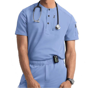 Ensembles de blouses médicales bleues unisexes à manches courtes avec poche et porte-stéthoscope, en tissu tissé en mélange de coton, détection d'aiguilles - Product Image 1