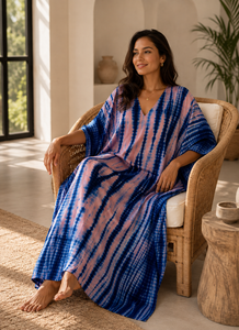 Pure Cotton Blue Pink Tie Dye Handmade Eco-Friendly Boho <b>Kaftan</b> Maxi Dress Women V Neck <b>Beach</b> Cover Modern Fit All Seasons - Product Image 1