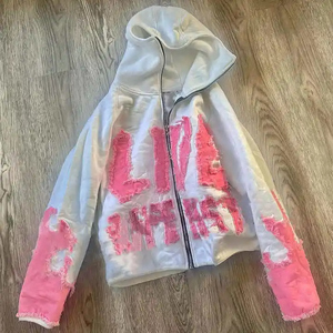 Sudadera con capucha y cremallera con gráfico de mono vintage personalizado, con apliques bordados, lavado ácido, acabado desgastado y corte recortado. - Product Image 2