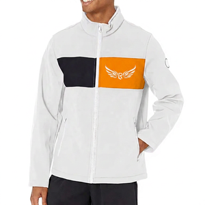 Men's White Fleece <b>Jacket</b> With <b>Red</b> And Black Color Blocking Windproof Zipper Front Sporty Design Stand Collar - Product Image 5