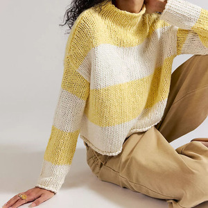 Custom Casual Style Hand Knit Women's Color Blocking Knitted Crop Striped Sweater Turtleneck Full Sleeve Acrylic Pullover Autumn - Product Image 3