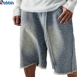 Pantalones Cortos de Mezclilla Tejida Estilo Hip Hop Casual de Verano con Lavado Vintage, Estampado Completo y Pedrería, Fabricación Personalizada, Pierna Recta para Hombre - Product Image 6