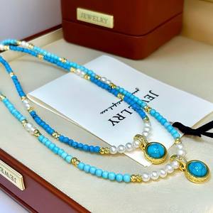 European American Style Turquoise Pendant <b>Necklace</b> Versatile Vintage <b>Fashion</b> Universal Buckle Freshwater Pearl <b>Layered</b> Design - Product Image 1