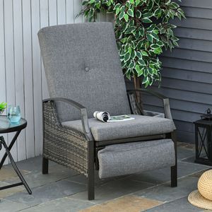 Sedia Reclinabile in Rattan Regolabile con Cuscino Grigio per Relax in Giardino - Product Image 2