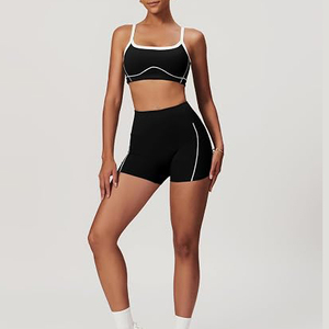 Black Solid 2 Piece Yoga Set Spaghetti Strap Sports Bra High Waist Shorts Seamless Contrast Binding Breathable Front - Product Image 3