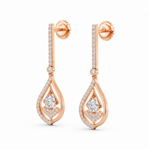 Boucles d'oreilles pendantes en or rose et diamants pour femme, bijoux de mariage, sertissage pavé, forme goutte d'eau, style luxueux - Product Image 2