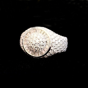 <b>Iced</b> Out Baguette Cut Halo Cluster <b>Ring</b> 925 Sterling Silver Rhodium Plated Prong Set Hip Hop Party Engagement Unisex <b>Ring</b> - Product Image 2