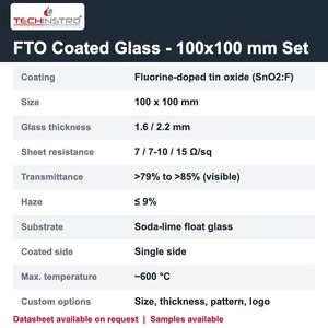 Vidrio Recubierto de FTO de 100x100 mm, Elija 7 o 7-10 o 15 Ohm/sq, Vidrio de Óxido de Estaño Dopado con Flúor (TCO) de 1.6 o 2.2 mm de Espesor - Product Image 2