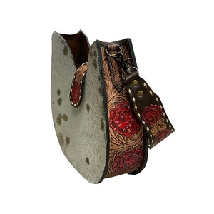 Western Tooled Leather Hair-On Cowhide Crossbody <b>Handbag</b> Floral Hand Carved Shoulder Purse Button Closure Lightweight - Product Image 1