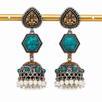 Anting-anting gantung berbahan dasar perak antik berlapis perak oksidasi, buatan tangan bergaya Bohemia dengan bingkai bunga, batu pirus, dan mutiara, grosir untuk wanita.