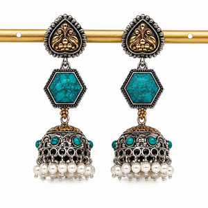 Pendientes Colgantes de Plata Oxidada Hechos a Mano con Bisel de Flor Bohemia, Turquesa, Perlas y Latón para Mujer - Venta al por Mayor - Product Image 4