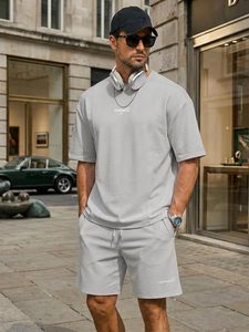 Conjunto de Camiseta y Pantalones Cortos Casuales de Algodón Rosa para Hombre, Cuello Redondo, Color Sólido, Transpirable, Corte Holgado, Ropa de Verano - Product Image 2