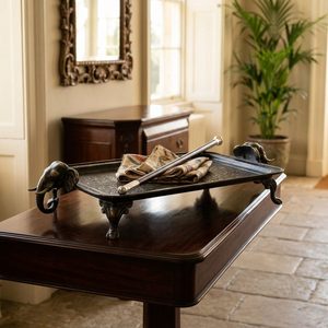 Handmade 48 cm Dark Antique Brass Serving Tray with Artistic Sculptural Handles & Gajraj Cast <b>Elephant</b> Home <b>Decor</b> H - Product Image 2