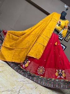Heavy Cotton Gamthi Work Lehenga Choli With Mirror Work Rayon Cotton Dupatta Navratri Garba Festival Wear Set - Product Image 1