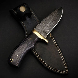 Cuchillo de caza de acero de Damasco con mango de madera, hoja de punta caída, filo recto, funda de cuero, cuchillos artesanales para exteriores - Product Image 4