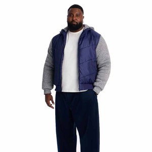 Men's <b>Hooded</b> Blue Quilted <b>Puffer</b> Vest Style <b>Jacket</b> Grey Fleece Sleeves <b>Waterproof</b> Eco-Friendly Winter Casual Streetwear <b>Jacket</b> - Product Image 3