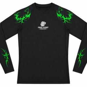 Haut de combat MMA pour homme à manches longues, noir et vert imprimé, séchage rapide, UPF50, écologique - Product Image 1