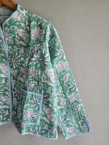 Green Floral Quilted <b>Jacket</b> <b>Mandarin</b> <b>Collar</b> Full Sleeve Cotton Spring Women's Coat Green floral quilted gift for her - Product Image 5