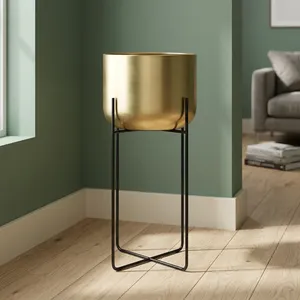 Modern Gold Metal Planter with <b>Tall</b> Black <b>Stand</b> Minimalist Cylindrical Flower Pot Holder for Indoor <b>Plants</b> Living Room Office - Product Image 6