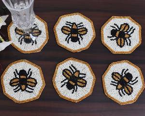 Bee Pattern Beaded Coaster Set Of 6 Reusable Bar Mats Novelty <b>Drinkware</b> <b>Accessories</b> Fabric Hexagonal Shape - Product Image 1